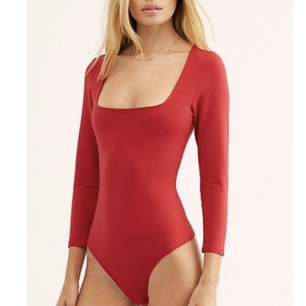 Free People Red Fitted Bodysuit with Square Neckline